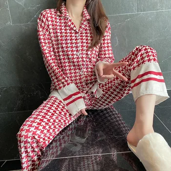 Klasične Houndstooth Pižame Ženske 2021 Novo Poletje Pijamas Nastavite Svile Madeže Sleepwear Pižamo za Ženske Pyjama
