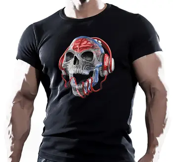 T-Shirt Poletje Novost Risanka Disco Okostje s Slušalkami Glasbe Lobanje DJ Moških Black Bombaža T-shirt Majica