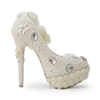 Razkošno Rose Cvet Diamond Maturantski Čevlji Poročni Čevlji Peneče Mode White Pearl Visoke Pete Platformo Poročne Poroko Črpalke