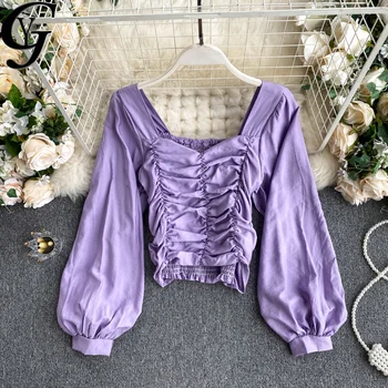 Korejski Moda Puff Rokavi Ženske Majice, Bluze 2020 Kvadratnih Belovrati Elegantno Trdna Dame Vrhovi Elegantna Ulzzang Camisa De Mujer