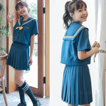 Japonski Šoli Študenta JK Enotno Anime Dekle Dolgo Majico s Kratkimi rokavi Mornar Obleka Komplet Mornarsko Modra College Nabrano Krilo Plus Velikost