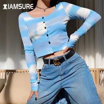 IAMSURE Tie Dye Tiskanja Estetske Dolg Rokav Suh Bluzo Za Ženske korejski Ulične Mode Priložnostne Ženski Crop Tops Majice