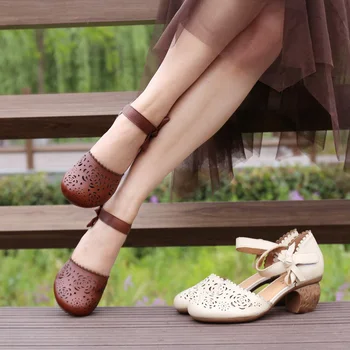 Retro visoke pete sandala, novo poletje izdolbla Baotou debelo z enim čevlje, ženska usnje, elegantna torba in hladno vlečenje