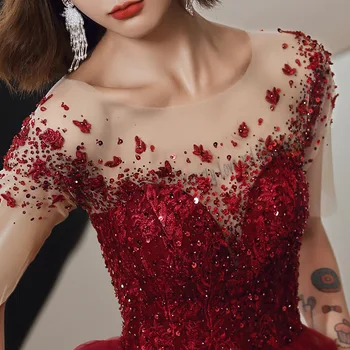 Cvetje Vezenje Tiste Večerne Obleke Vino Rdeče Seksi Iluzijo Večerno obleko S-line, Luxury Formalno Obleko Abendkleider Plus Velikost