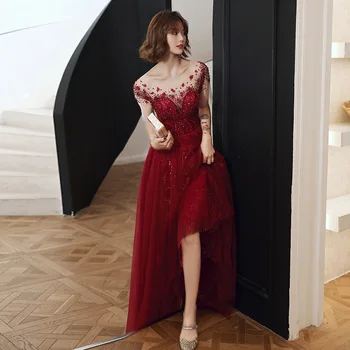 Cvetje Vezenje Tiste Večerne Obleke Vino Rdeče Seksi Iluzijo Večerno obleko S-line, Luxury Formalno Obleko Abendkleider Plus Velikost