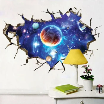 3D Zlom Wall s prostorom, planet, Stenske nalepke za dnevno sobo strop dekoracijo nalepke