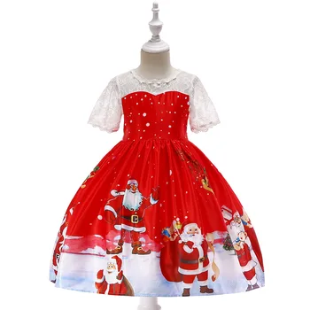 2018 Božič Obleko Santa Claus Sneg Čipke Mozaik Obleke Risanka Natisnjeni Baby Dekleta Božič Vestidos za 4-12 let