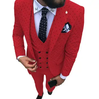 Rdeča Mens Ustreza 3 Kos Slim Fit Zarezo River Elegantno V Vratu Groomsmen Tuxedos Moške Obleke za Poroko (Blazer+Telovnik+Hlače)