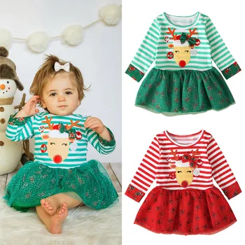 2020 Božič Obleko za Deklice Dolg Rokav Božič Vestidos Baby Girl Obleke Trakovi Chritmas Stranke Obleke Za Dekleta