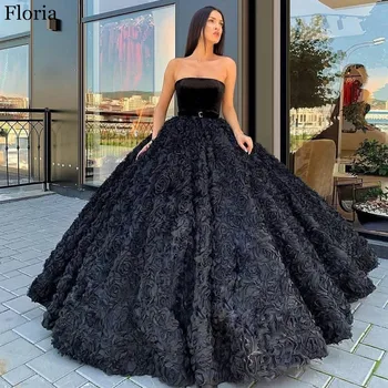 2020 turški Črni 3D cvetje Večerno Obleko A-Line Bližnjem Vzhodu brez naramnic Celebrity Obleko Rdeči Preprogi Runaway Halje arabski Vestido