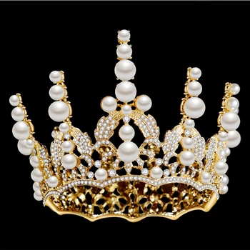 HG11270 Klasičen Baročni krog krono tiara elegantno zlato pearl nosorogovo krono moda poročne poroko naglavni del las dekoracijo
