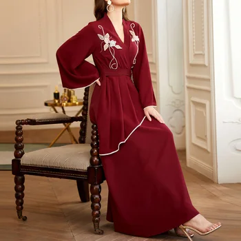Muslimanske Ženske obleke Pomlad Jesen Nov Modni Preprost Oblikovalec Elegantno Najboljših Prodajalcev Pearl Vezenje Tanke Proti-vrat Dolg Rokav