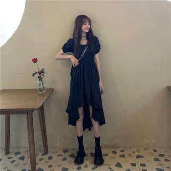 Japonski Temno Slog Oblikovanja Občutek Nišo Kul Sladko Gothic Obleko Mid-Dolžina Kvadratnih Vratu Obleka Ženske Poletje