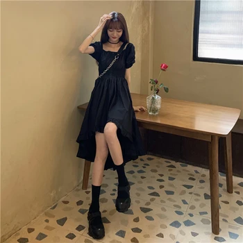 Japonski Temno Slog Oblikovanja Občutek Nišo Kul Sladko Gothic Obleko Mid-Dolžina Kvadratnih Vratu Obleka Ženske Poletje