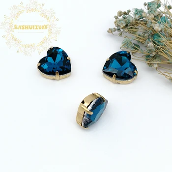 Peacock blue Srce oblika Kristalno Steklo Šivanje Okrasnih z zlatimi Kremplji Okrasnih za Diy poročno Obleko in Vrečke