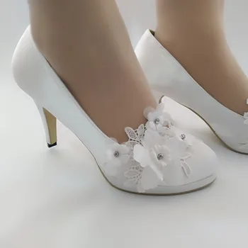 BaoYaFang Moda sladke bele čipke cvet družico obleko čevlje plitvo usta Nosorogovo Poročni Čevlji
