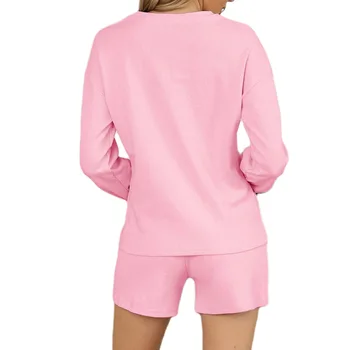 Ženske Pižame Dva-delni Set Čisti Bombaž Barva Sleepwear z Žepi Long Sleeve Zgornji del + Hlače Udobno Doma Oblačila