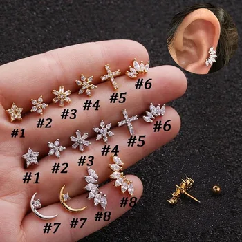 1PCS Ear Piercing Nakit iz Nerjavečega Jekla Zvezde Križ Luna Cirkon Stud Uhani Za Ženske Preprosto Elegantno Uho, Kosti Uhani