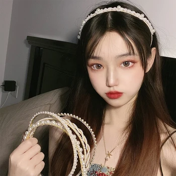 Korejski Ročno Lok Glavo Obroče Simulacije Pearl Hairbands Ženske, Pribor Za Lase Cvet Poroka Okraski