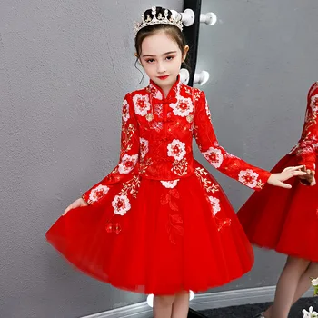 Otroke Novo Leto Obleko Cvet Dekleta Obleko vestido chines Stranki Poroka Obleke Večer Fancy rdeči Kitajski Han Fu Obleka Princess