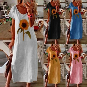 Poletje Ženske veliko Sončnično cvetlični žensk natisnjeni strani špranjske enodelno obleko Velikim s-5xl