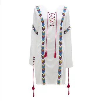 Indie Folk Vezenje ženske počitnice obleko 2019 poletje nov modni tassel dame oblačenja poln rokav Bohemian žensko obleko gx606