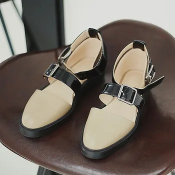 Vintage Ženske Pravega Usnja Sandali Sponke Traku Krog Toe Čevlji Priložnostne Nizkih Petah Dame Retro Sandali Usnje Sandalias Mujer