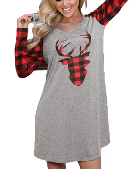 Božič Žensk Priložnostne Raglan Rokav Kariran Plošča T-Shirt Nightdress Krilo Elk Tiskanja Božič Nightdress