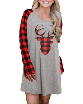 Božič Žensk Priložnostne Raglan Rokav Kariran Plošča T-Shirt Nightdress Krilo Elk Tiskanja Božič Nightdress