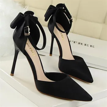 Ženske z visoko peto čevlje sladke lepote čevlji stiletto visoko peto plitvo usta, pokazal saten votlih nazaj lok ženske sandali