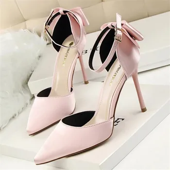 Ženske z visoko peto čevlje sladke lepote čevlji stiletto visoko peto plitvo usta, pokazal saten votlih nazaj lok ženske sandali