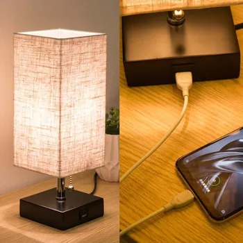 Sodoben design, nočno omarico svetilko z USB polnjenjem vrata, leseno dno krpo kvadratnih namizne svetilke, spalnica študija razsvetljavo LB51618