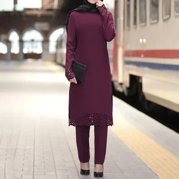 2piece Nastavite Obleka Ženske Muslimanskih Abaya Čipke Plus Velikost Šivanje Čipke Dolgimi Rokavi, okoli Vratu Urad Dama Moda Obleko Lugentolo
