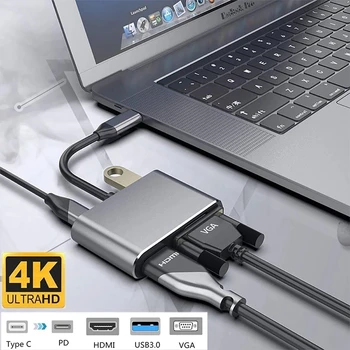 VGA USB 3.0 PD Hitro Adapter Avdio Video Pretvornik za Macbook pro Prenosni računalnik 4 V 1 USB C na HDMI Pretvornik 4K
